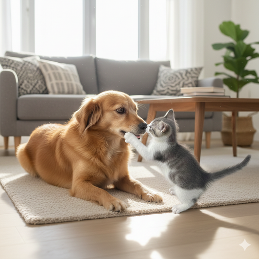 Two pets playing together indoors, showing friendly interaction and active behavior.