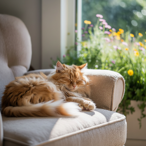 cute cat curled up on beige armchair by a window with warm sunlight, cozy minimal home interior, calm pet lifestyle photo