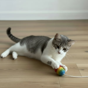 Cat toys including teaser wands, balls, and interactive play items designed for active indoor cats.