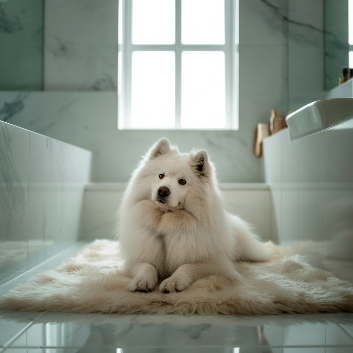 fluffy dog sitting calmly in a minimal white bathroom, clean grooming aesthetic with bright soft light, luxury pet care lifestyle photo